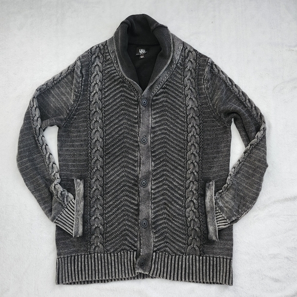 ROCK & REPUBLIC Mens‎ Cable Knit Fisherman Sweater Grey Washed Lapel CollarLarge - Picture 5 of 8